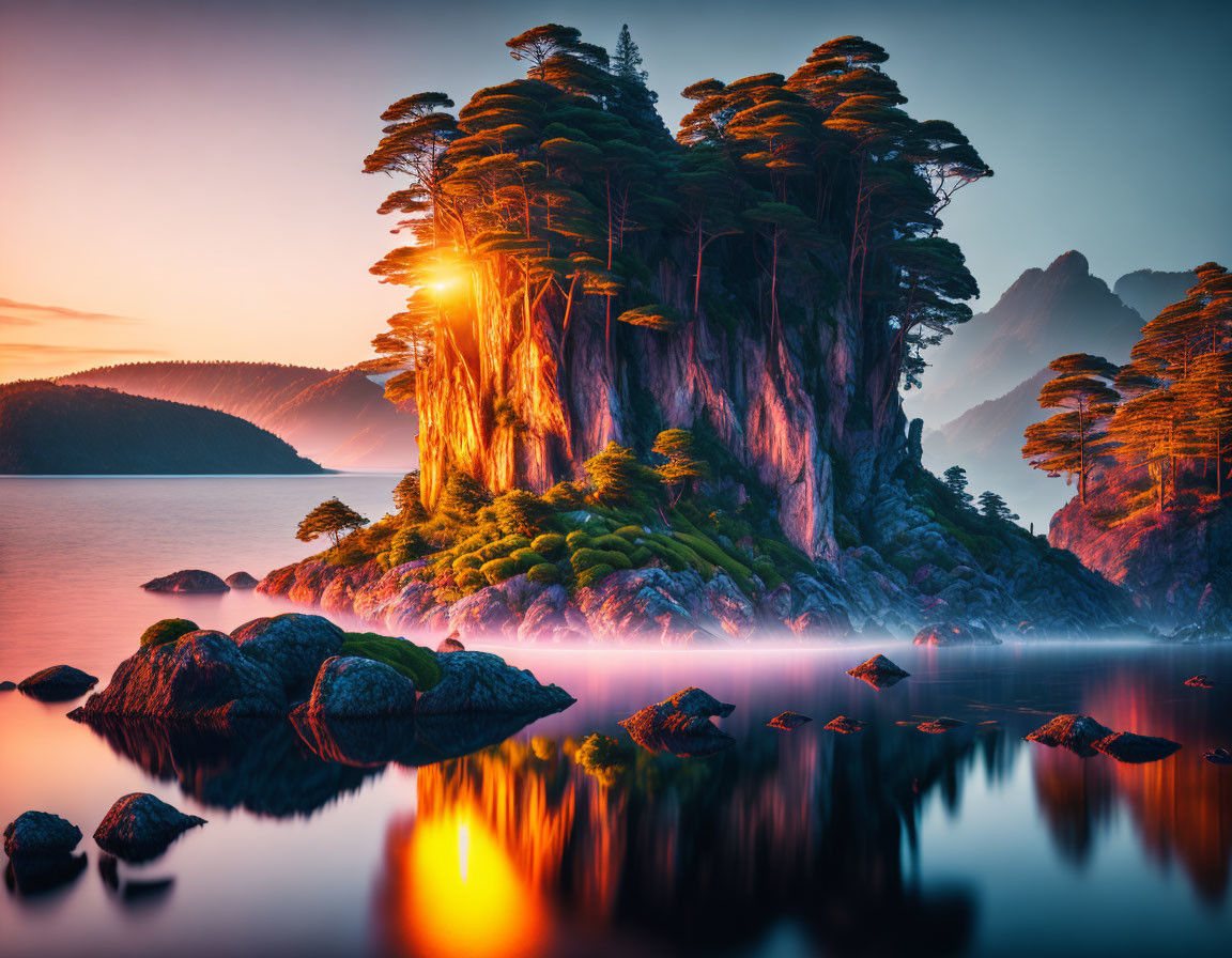 Tranquil sunset lake with tree-covered island