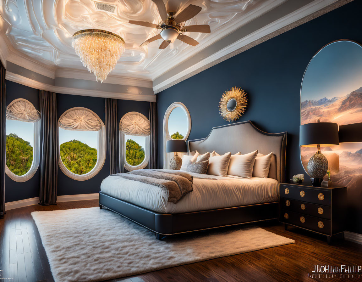 Sophisticated king-sized bed in luxurious bedroom with elegant blue and beige decor and panoramic windows.