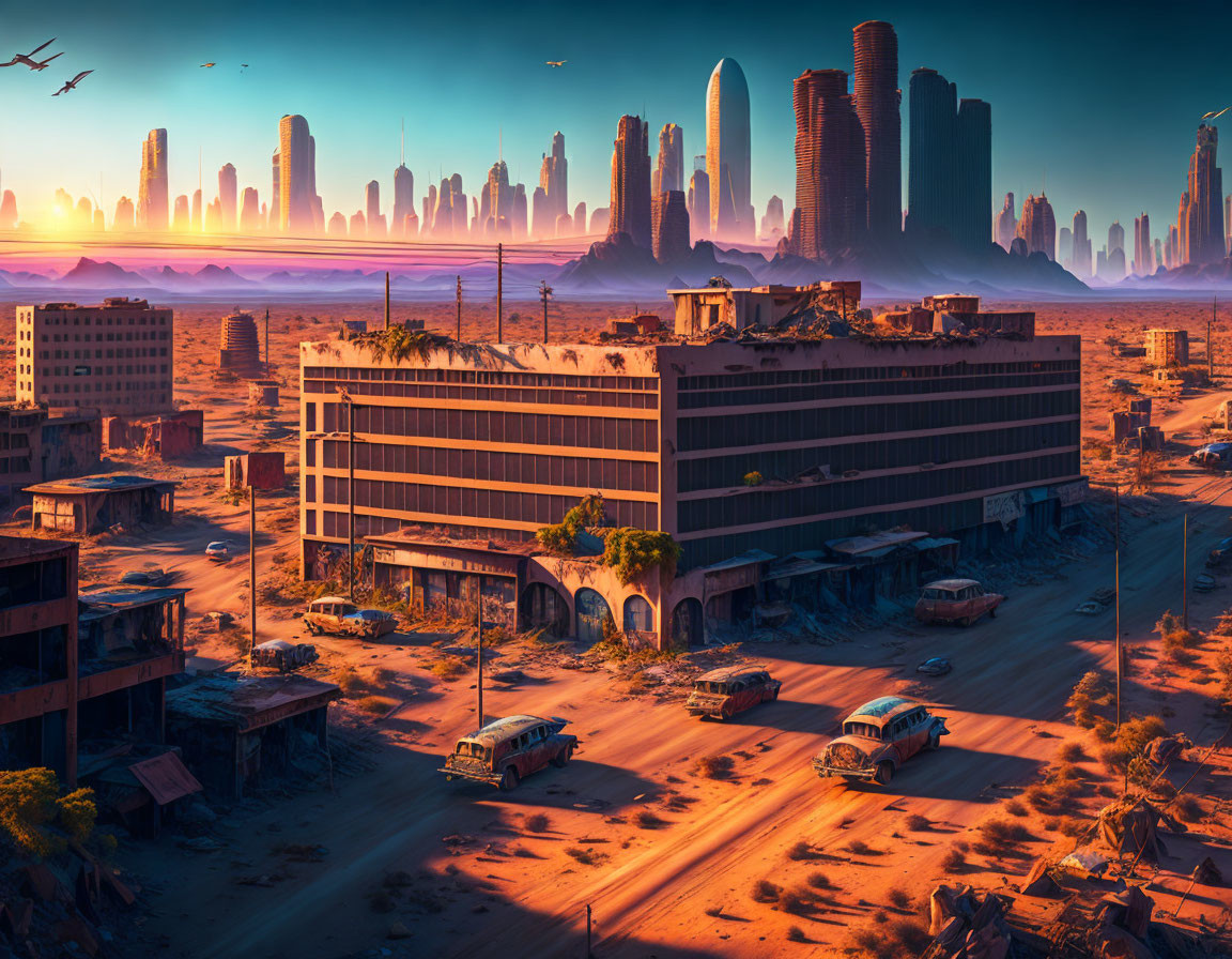 Abandoned cityscape with futuristic skyline and hazy sunset