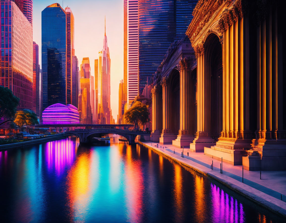 Colorful sunset cityscape with river reflections and modern skyscrapers next to classical buildings.