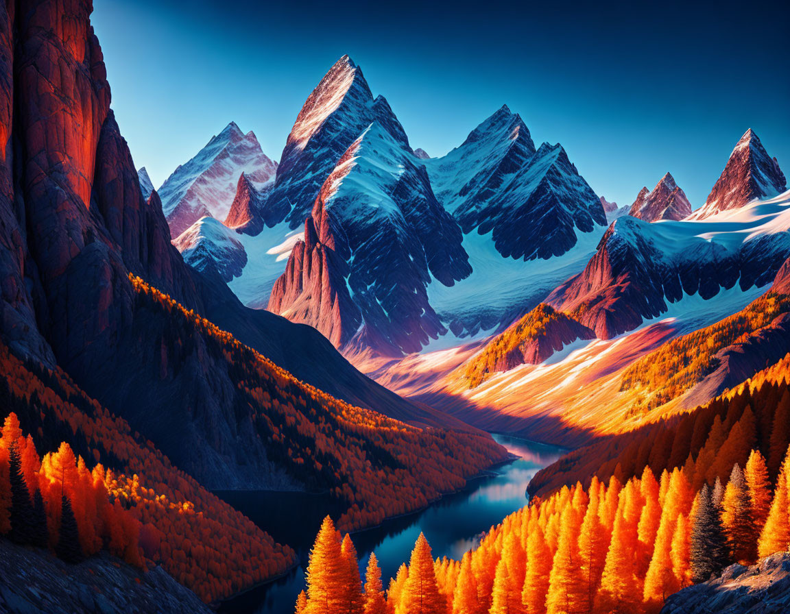 Fiery orange trees, blue lake, snow-capped mountains: Autumn landscape.