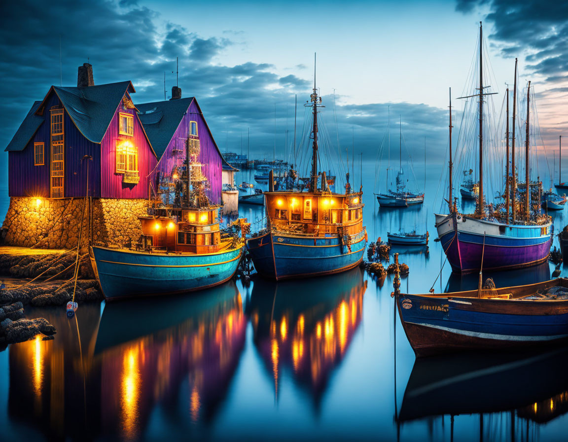 Serene harbor at twilight with illuminated boats and cozy blue house