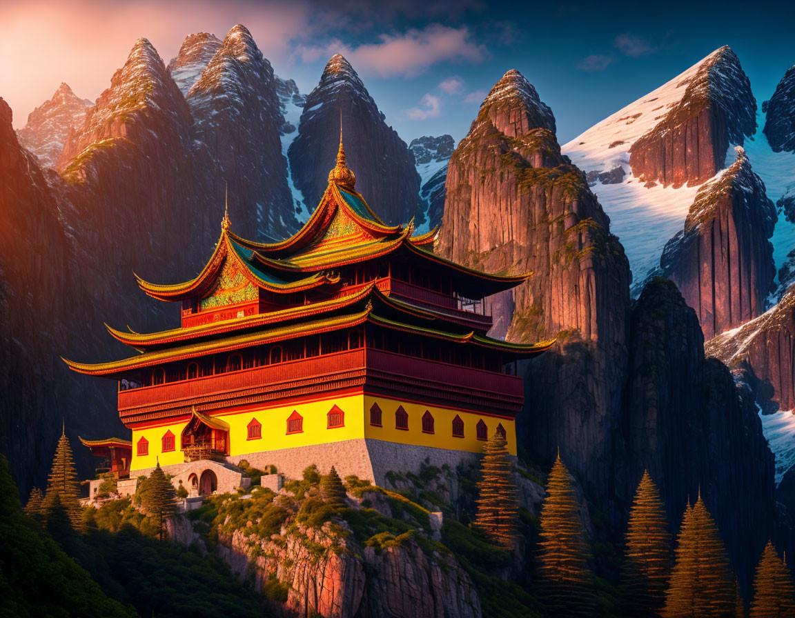 Traditional Asian Temple Surrounded by Mountains and Greenery