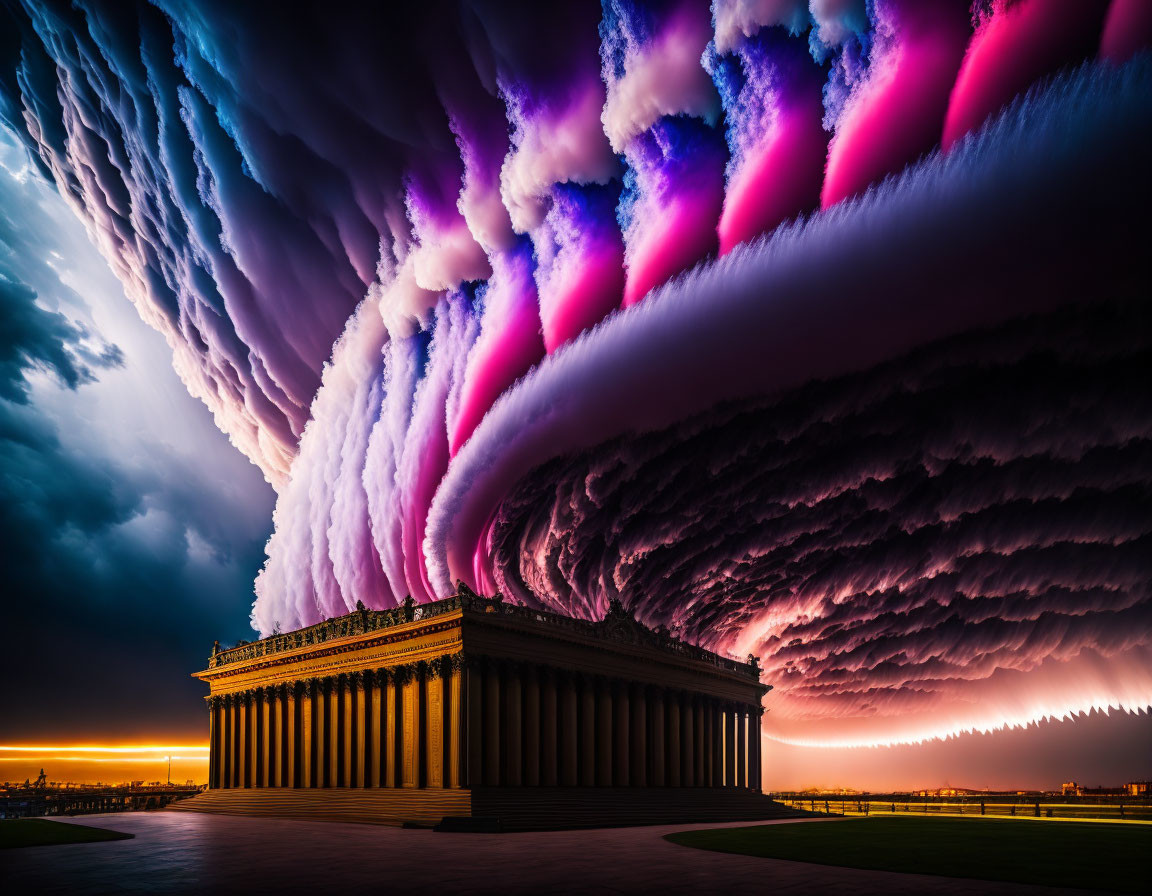 Classical building under surreal purple and blue cloud formation