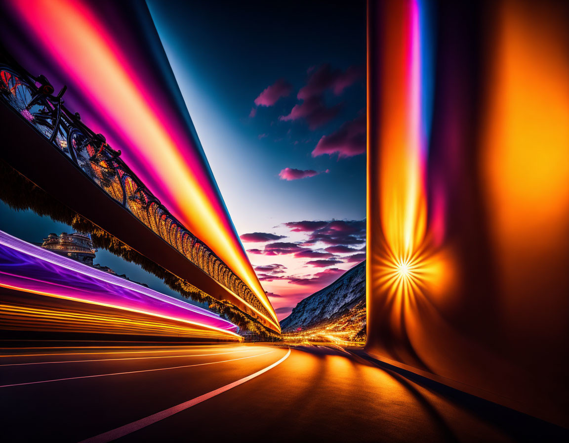 Twilight long-exposure: Colorful traffic lights on winding road with mountain backdrop