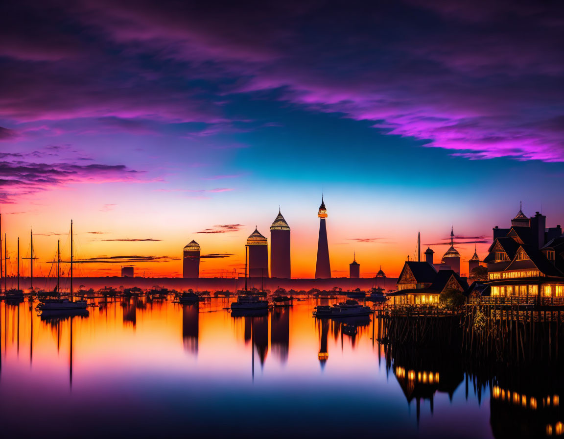 Cityscape skyline at sunset with skyscrapers, colorful sky, calm water, and pier buildings.