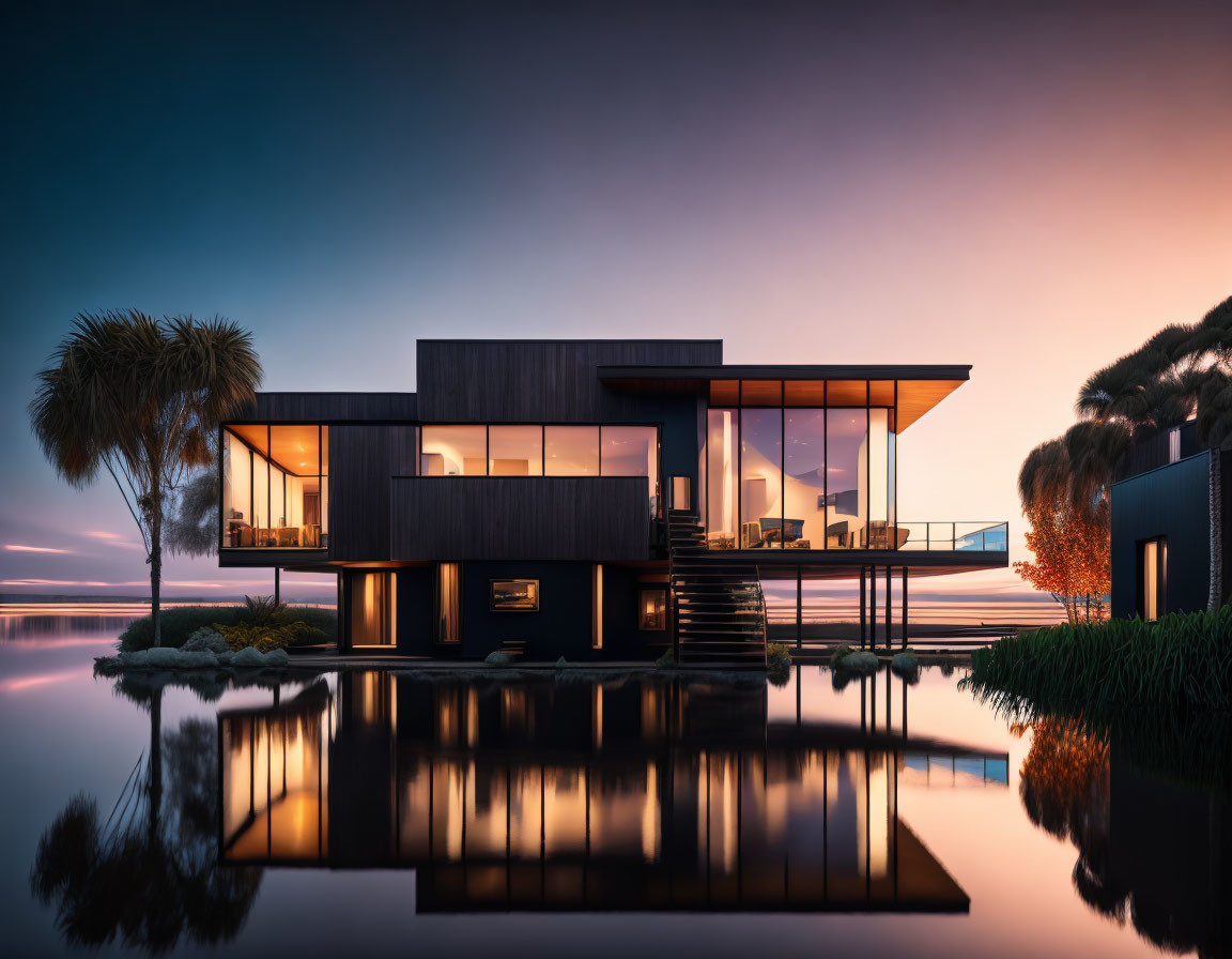 Contemporary Waterfront House with Illuminated Interiors and Large Windows