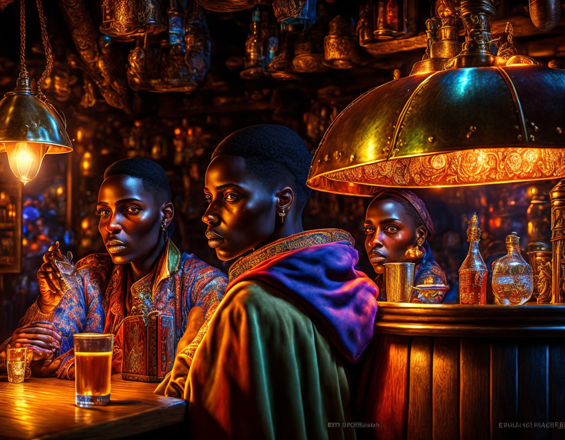 Reflective-skinned individuals at golden-hued bar with warm lighting