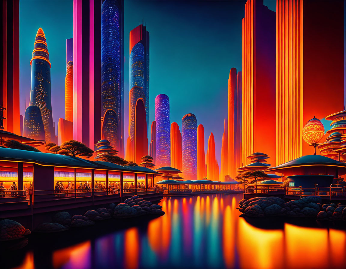 Futuristic cityscape at sunset with skyscrapers and waterfront