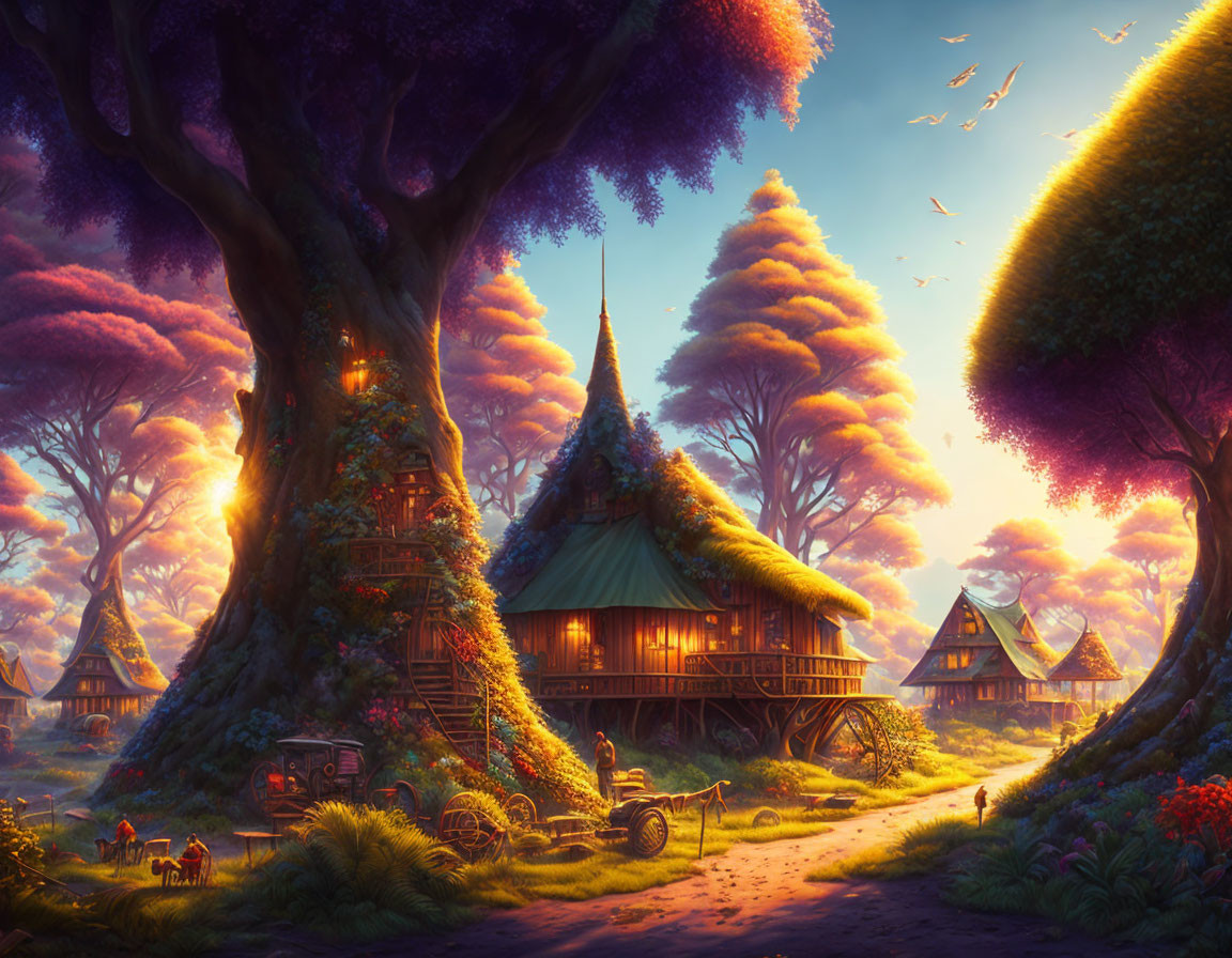 Vibrant treehouse village in purple tree forest at sunset