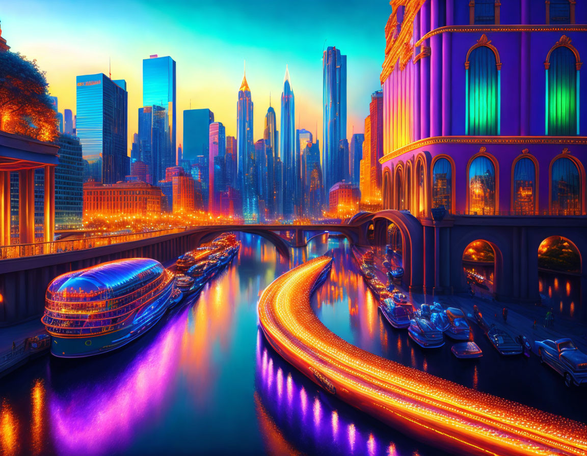 Urban skyline with neon-lit river reflections & skyscrapers at dusk