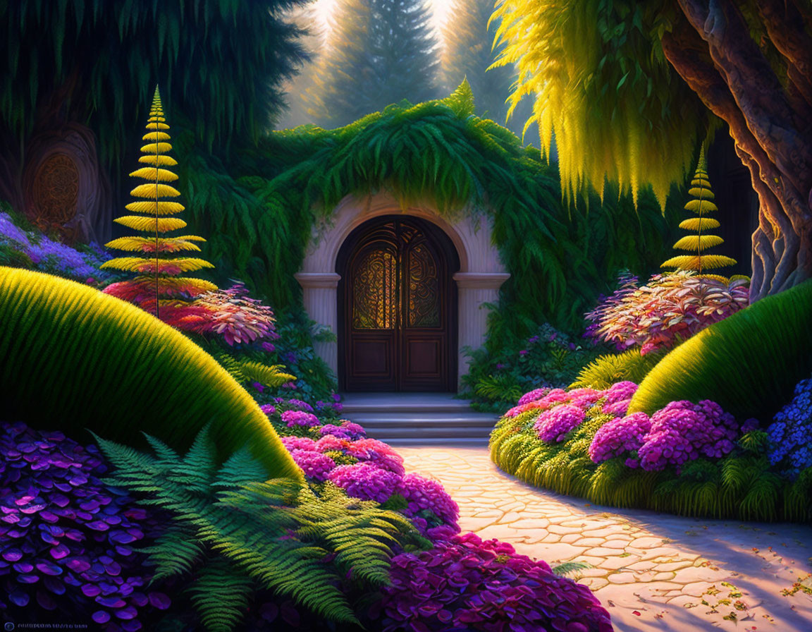 Lush Fantasy Garden with Cobblestone Pathway