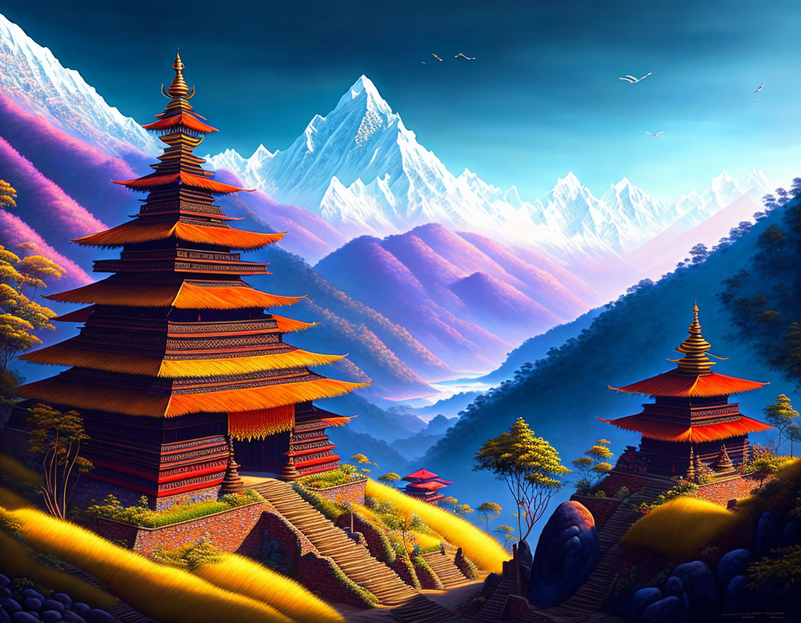 Digital artwork: Asian pagodas, terraced fields, snow-capped mountains.