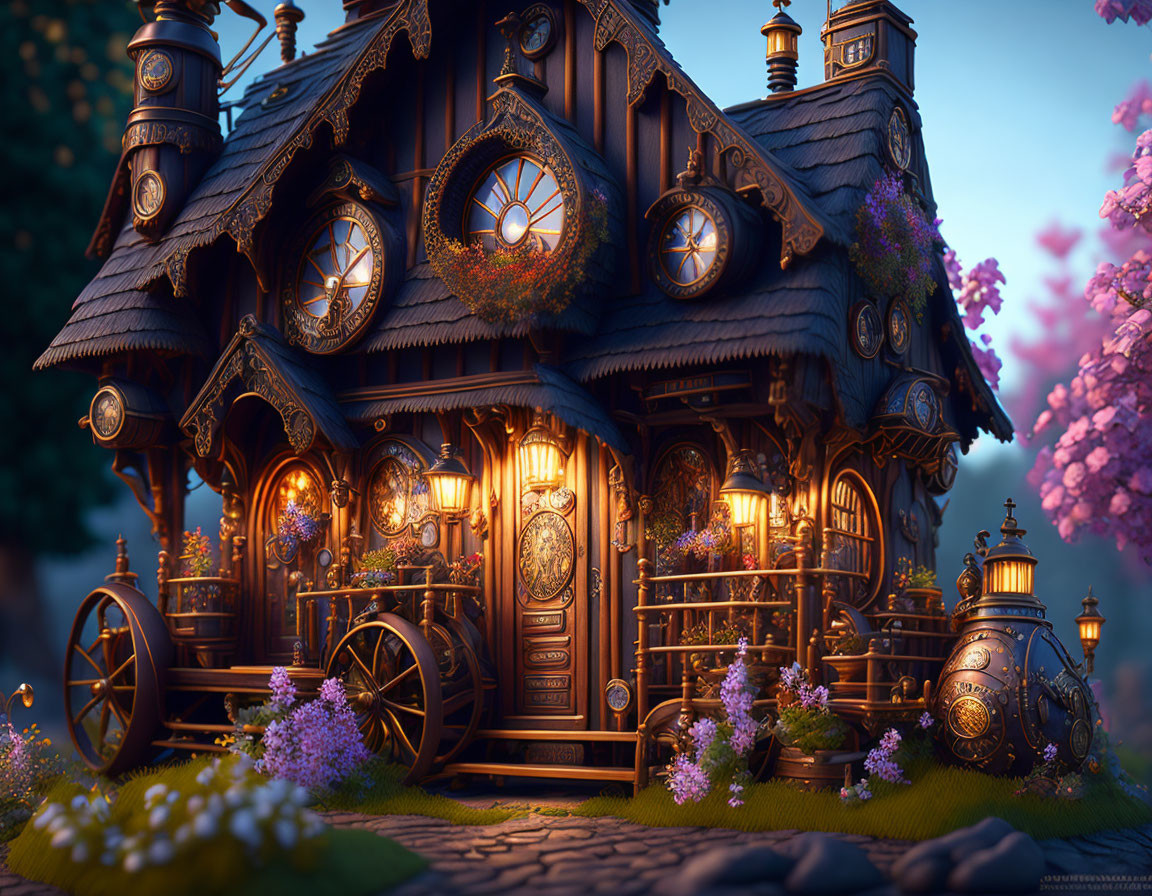 Whimsical wooden cottage on wheels with glowing lights in twilight