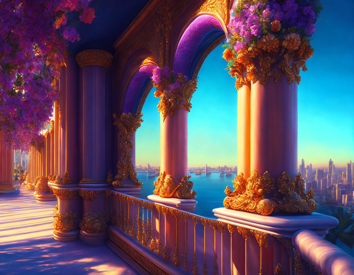 Purple Columned Balcony Overlooking Sunset Cityscape