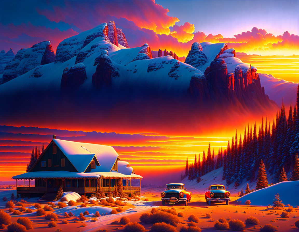 Snowy landscape at sunset with cabin, vintage cars, mountains, and fiery skies