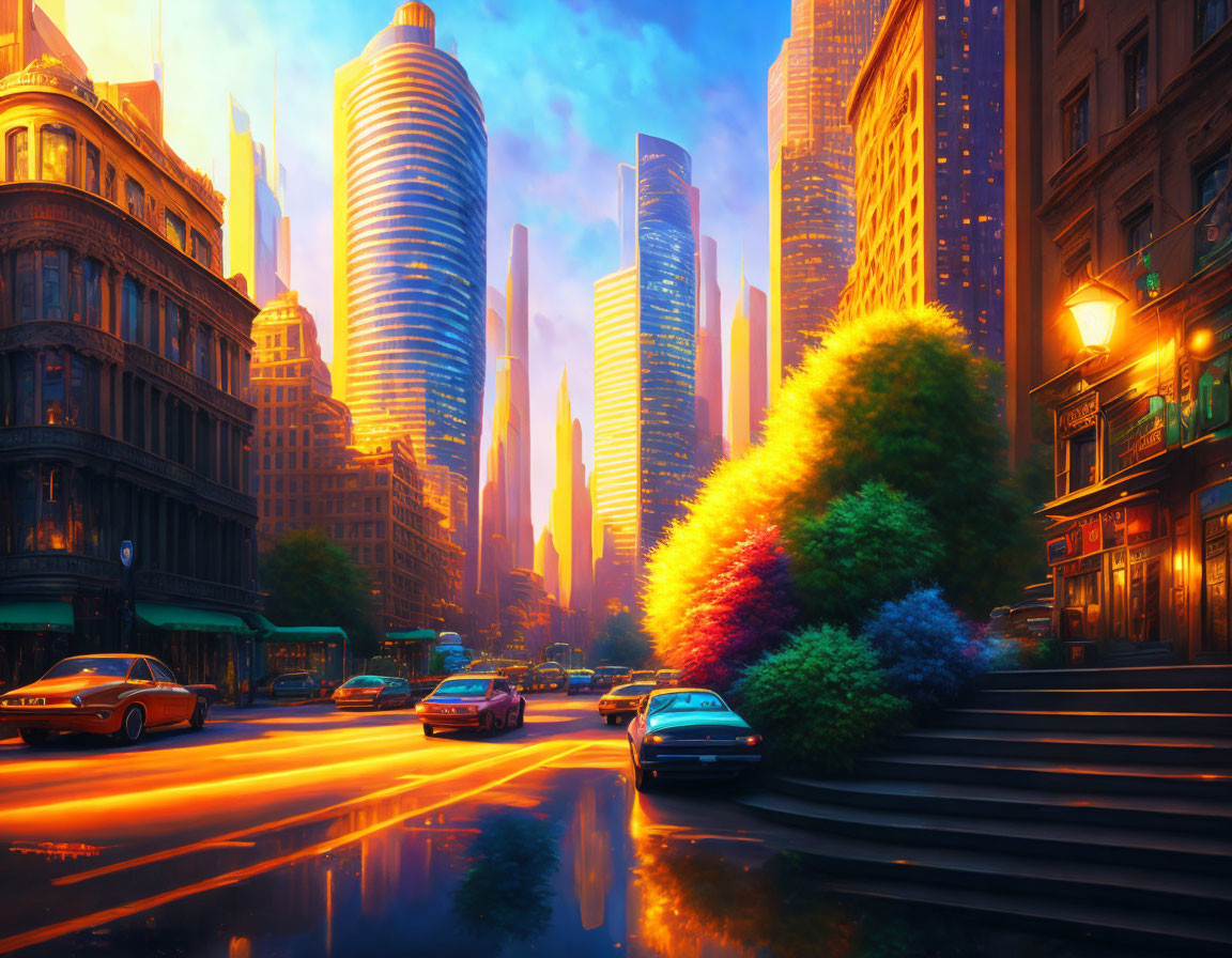 Colorful cityscape at sunset with modern skyscrapers and cars.