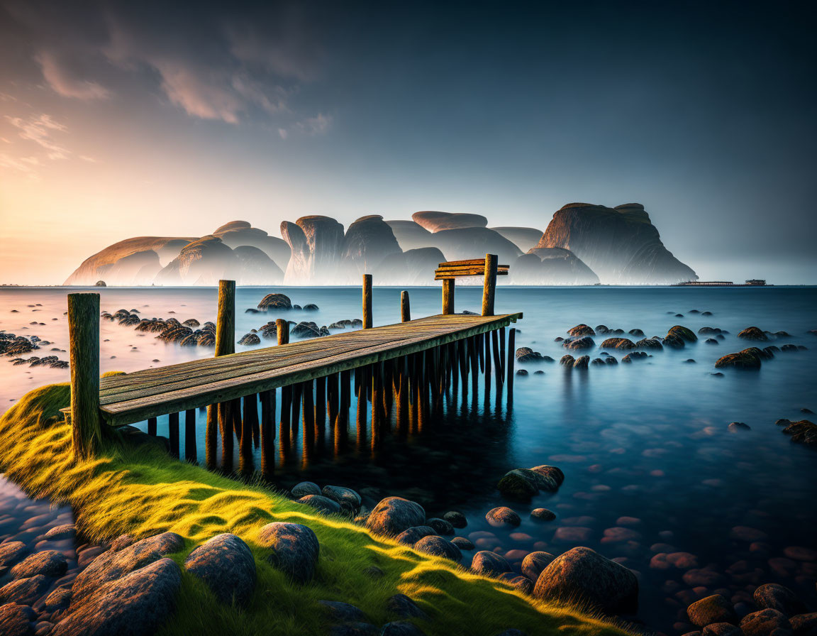 Tranquil sea with wooden jetty, moss-covered rocks, and misty monolithic rocks.