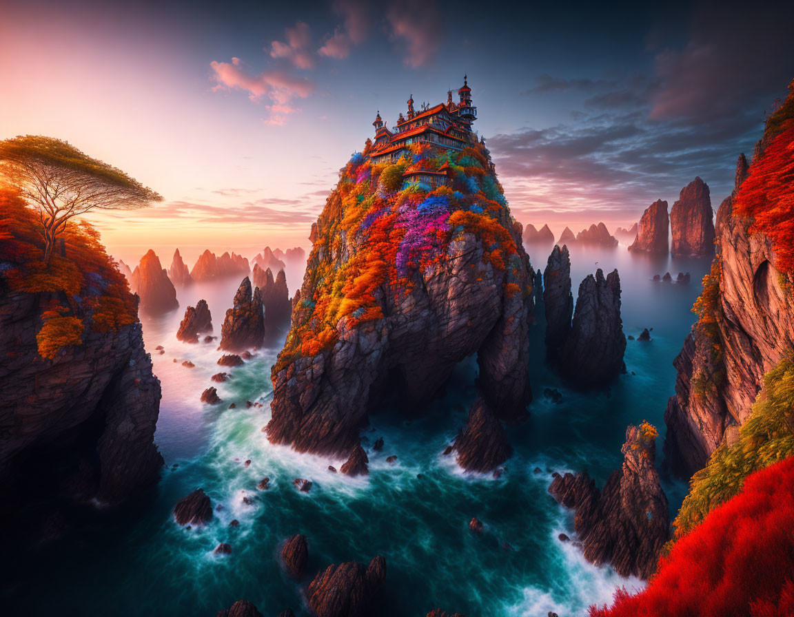 Majestic temple on lush cliff by turquoise waters at sunrise