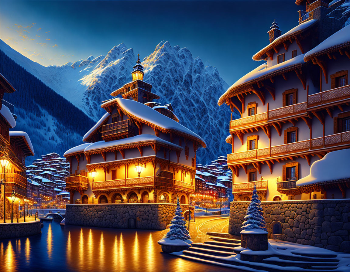 Snow-covered alpine buildings and river at night with snowy mountains