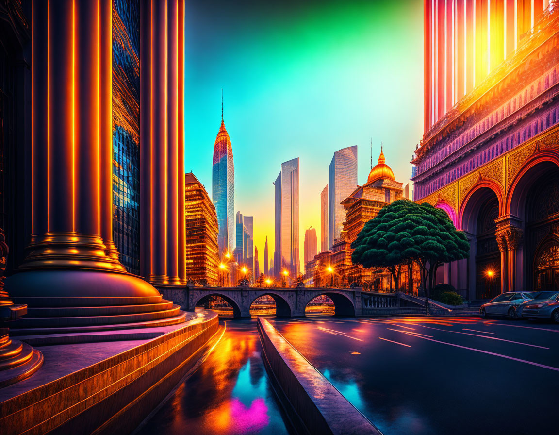 Colorful Dusk Cityscape with Illuminated Skyscrapers and Tree-Lined Street