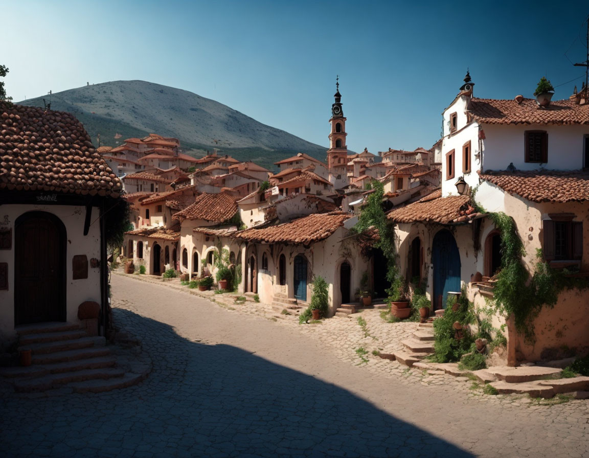 Picturesque village with cobblestone street and terracotta-roofed buildings