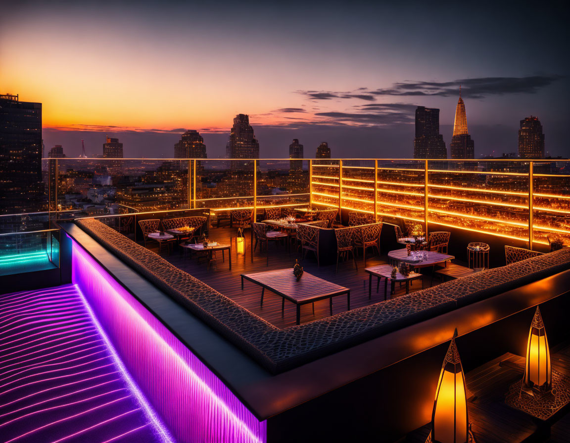 Modern rooftop terrace with neon lights, city skyline view, and sunset ambiance