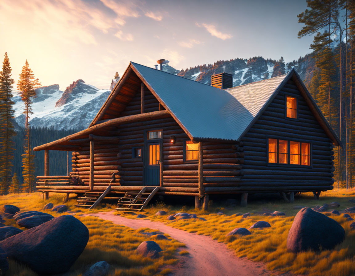 Cozy log cabin in forest clearing at dusk with snow-capped mountains