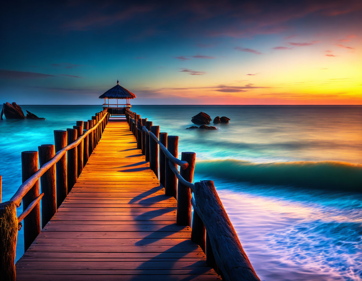 Scenic ocean sunset with wooden pier, smooth water, and rocks.