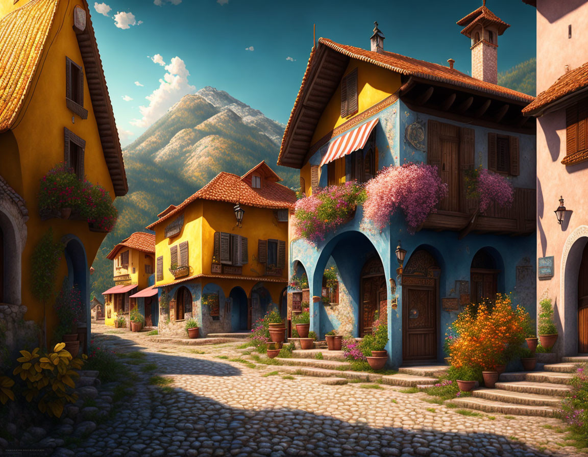 Scenic village street with colorful houses and mountain backdrop