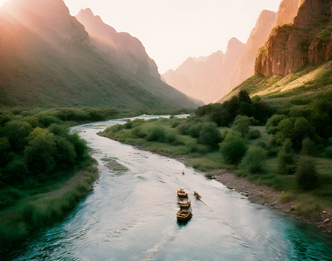 Tranquil river in lush valley with boat at sunset