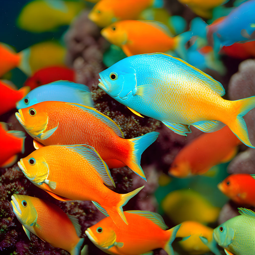 Colorful underwater scene with vibrant blue and orange fish swimming among coral