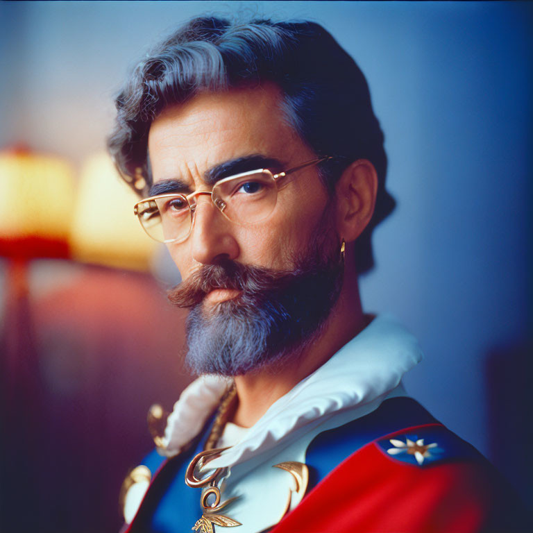 Gray-haired man in gold-rimmed glasses in military uniform with medals