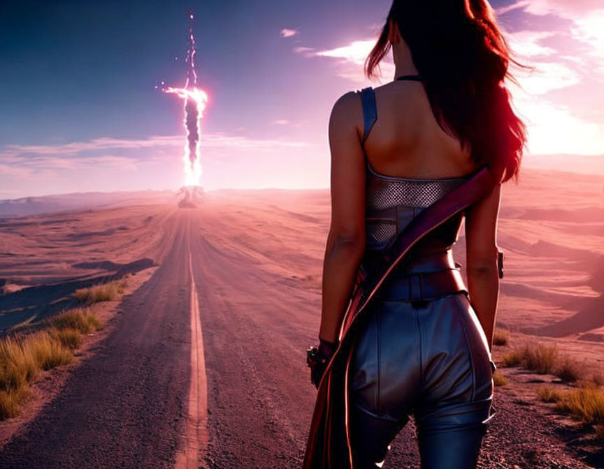 Woman on desert road gazes at distant sky explosion at sunset