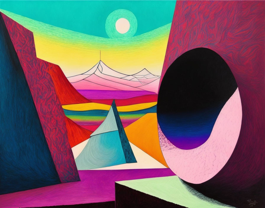 Abstract landscape with geometric shapes and vibrant colors.