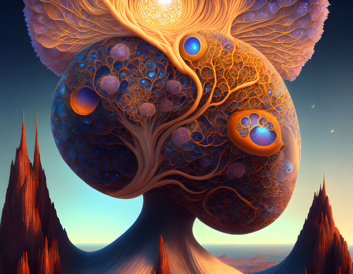 Intricate glowing orbs on fantastical tree in surreal desert landscape