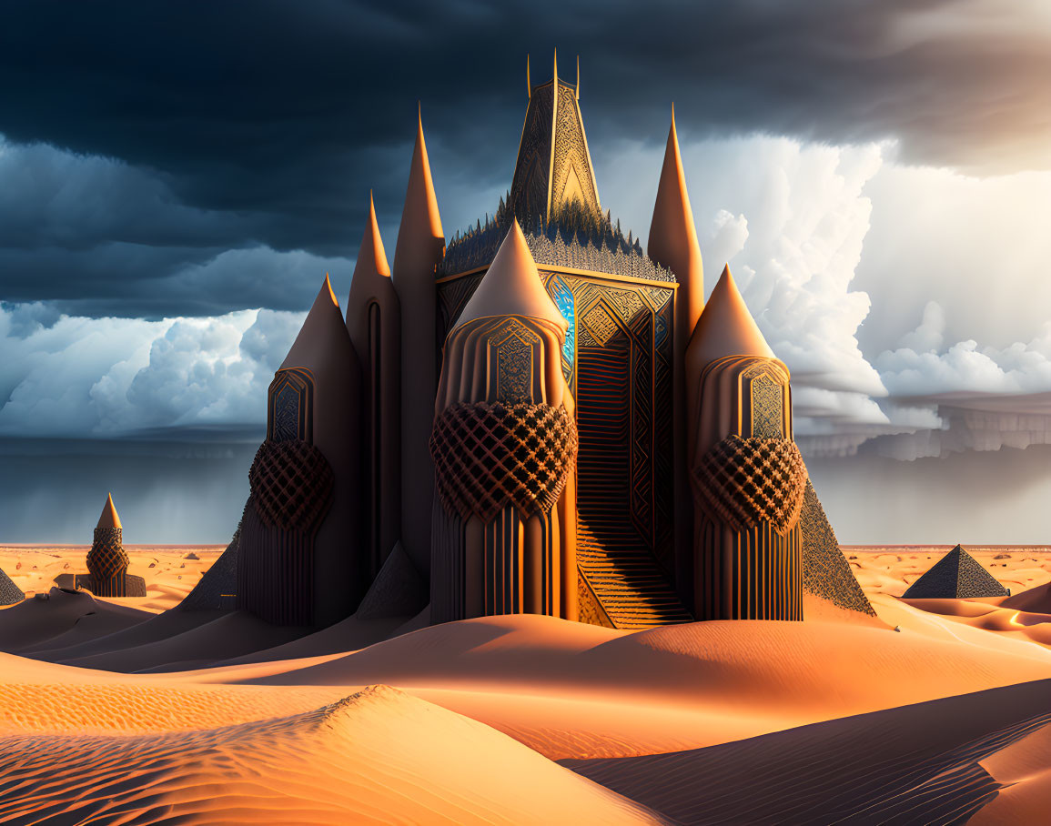 Surreal desert castle with spires under dramatic sky