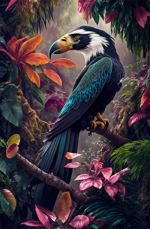 Majestic eagle with intricate feather patterns in colorful forest