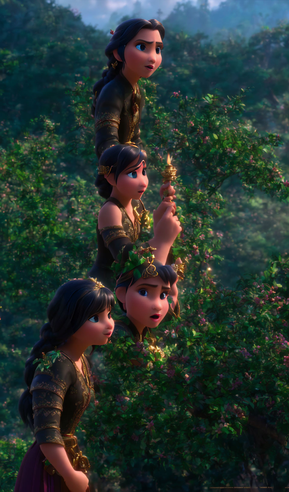 Three Animated Female Characters Holding Lit Lanterns in Forest