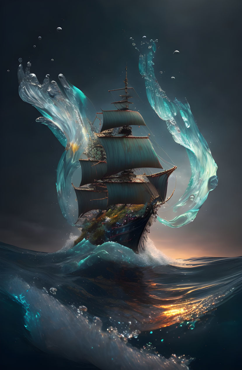 Spectral whale figures and sailing ship in stormy ocean scene