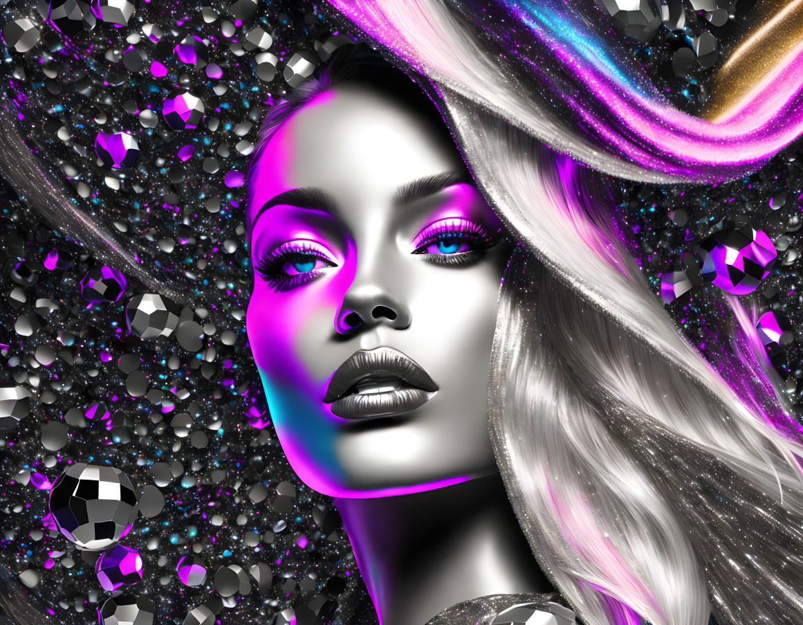 Stylized digital artwork of a woman in silver and purple tones with gemstones and cosmic background.