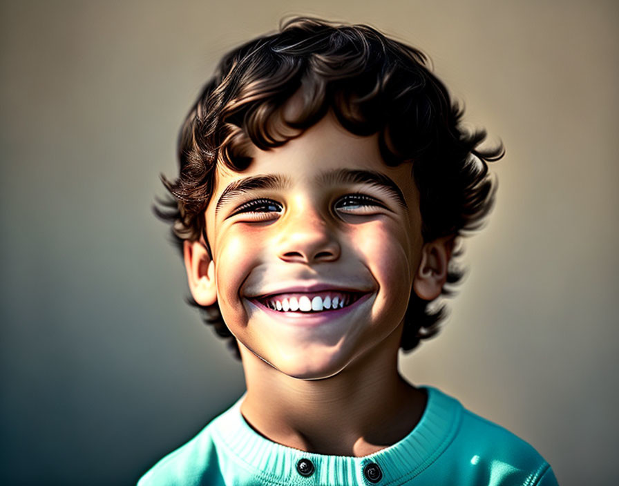 Smiling young boy with curly hair in light blue shirt