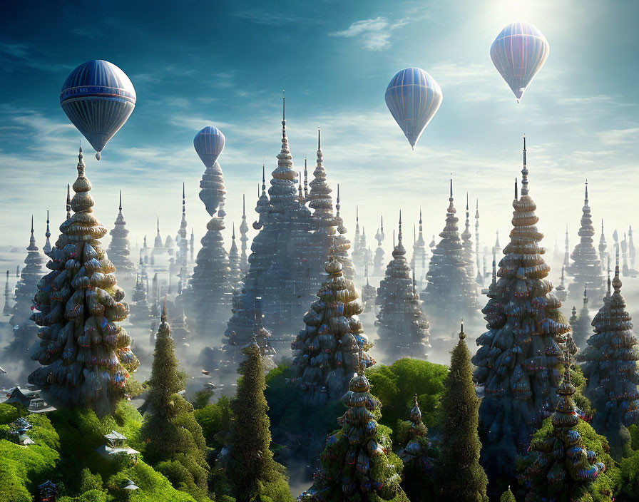 Colorful hot air balloons drift near tall, tree-covered spires under a clear blue sky