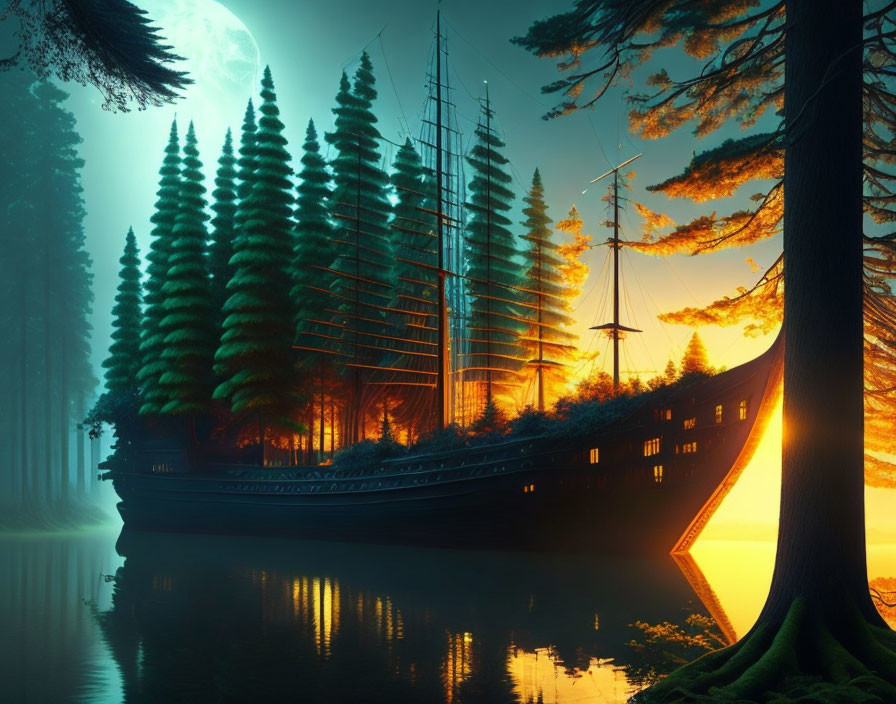 Abandoned ship in mystical forest with moonlit sky