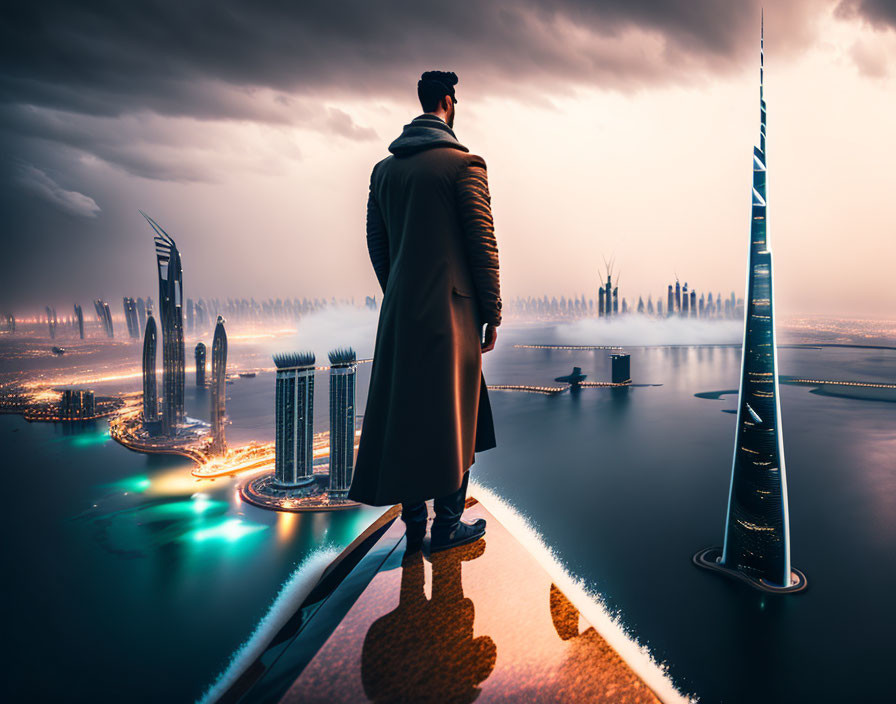 Person in long coat on futuristic platform above illuminated cityscape at twilight