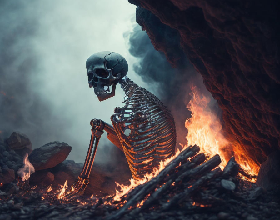 Skeleton sitting near fire with smoke in eerie blue ambiance