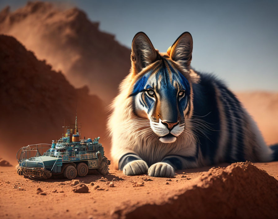 Large tiger with blue stripes and rover in desert landscape