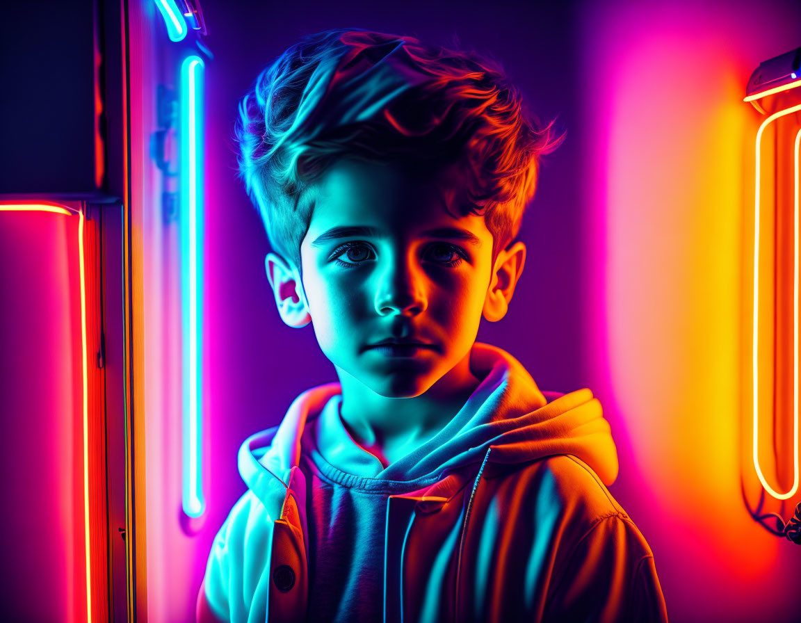 Serious young boy amid vibrant neon lights