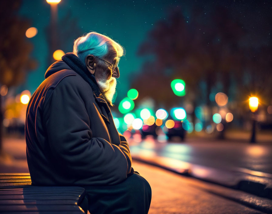 Lonely elderly man with white beard on bench under night street lights.