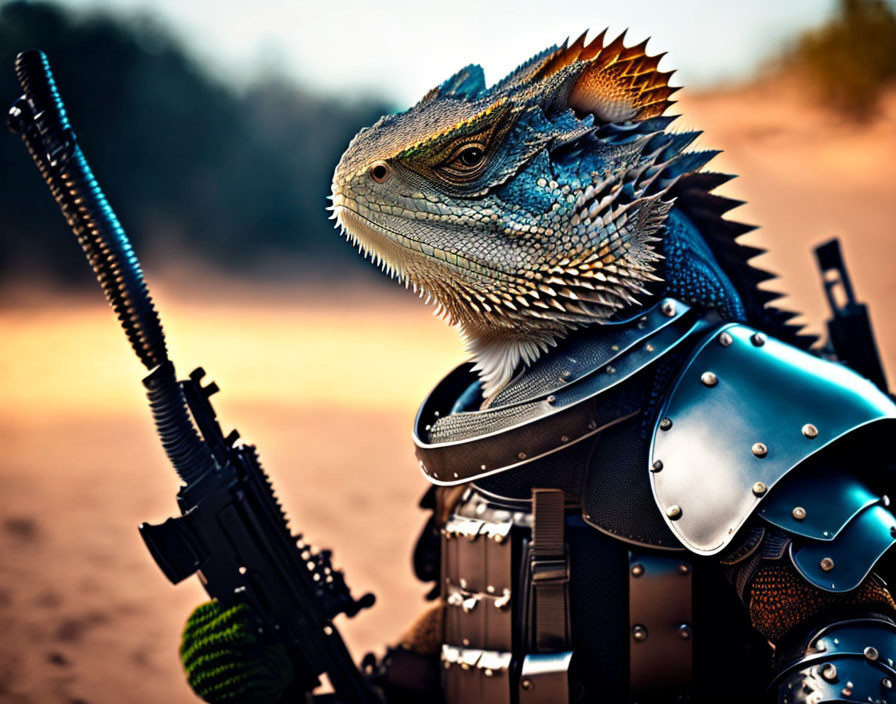 Digitally altered image of lizard in stylized armor with weapon in desert.